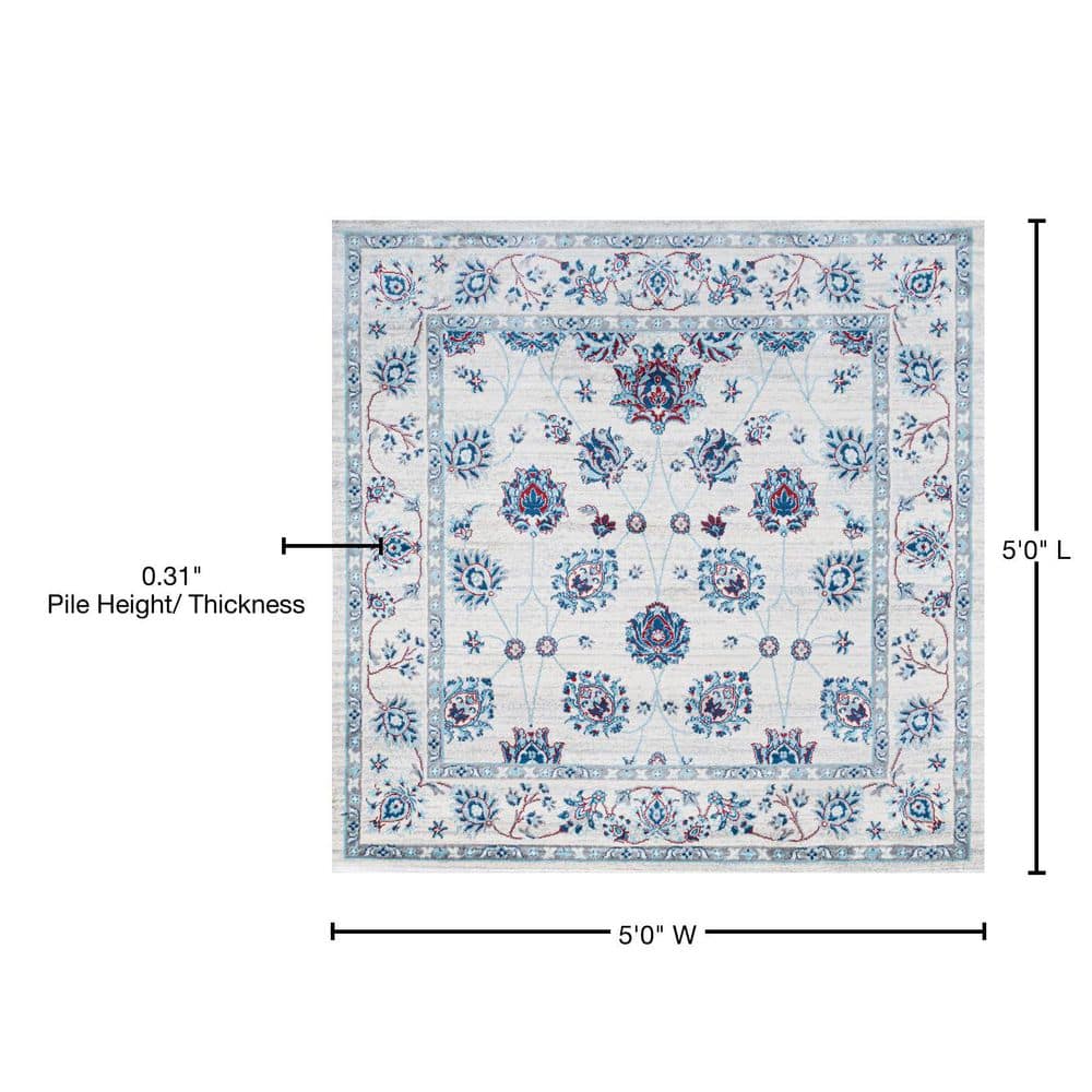 Ivory and Blue Floral Synthetic 5' Square Rug