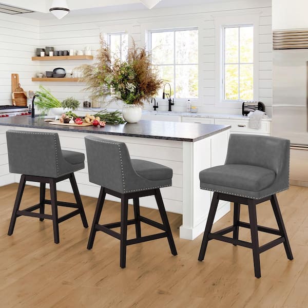 cozyman Zorro 27 in.Dark Gray Faux Leather Swivel Counter Stool Wood Frame Double Cushion Swivel Bar Stool Set of 3