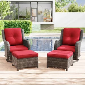 4-Piece Wicker Patio Outdoor Conversation Rocking Chair Set with Red Cushions