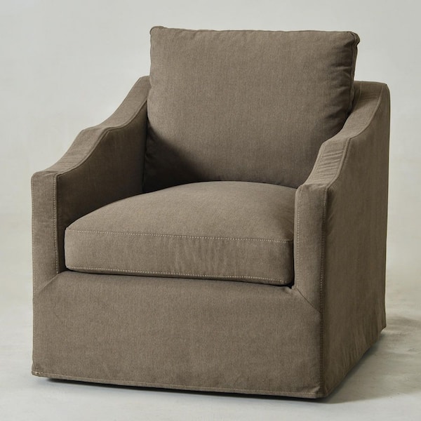 Brown Modern Down Fill Upholstered Slipcovered Swivel Barrel Chair