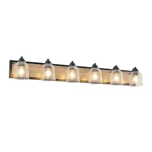 48.5 in. Farmhouse 6 Light Black Vanity Light with Clear Glass Shade, Wood Backplate