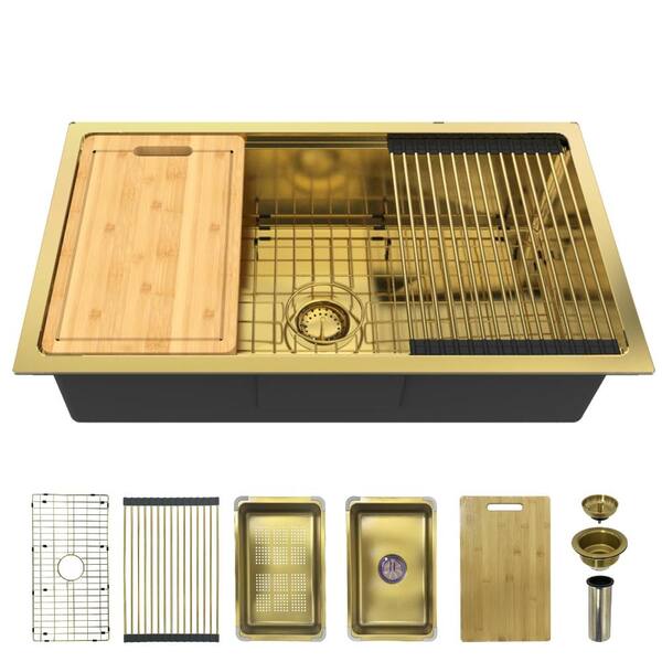 32 in. Undermount or Drop-In Single Bowl Gold-Tone Stainless Steel Workstation Sink with Matching Accessories