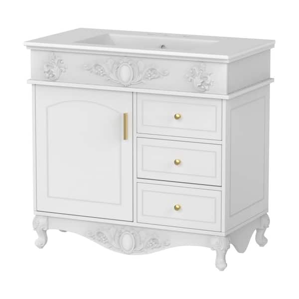 FUFU&GAGA 36.2 in. W x 19.7 in. D x 34.4 in. H White Bath Vanity Bath Cabinet with White Ceramic Vanity Top, Sink, 3-Drawers