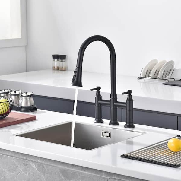 Traditional Double Handle Bridge Kitchen Faucet with Pull out Spray Wand in Matte Black