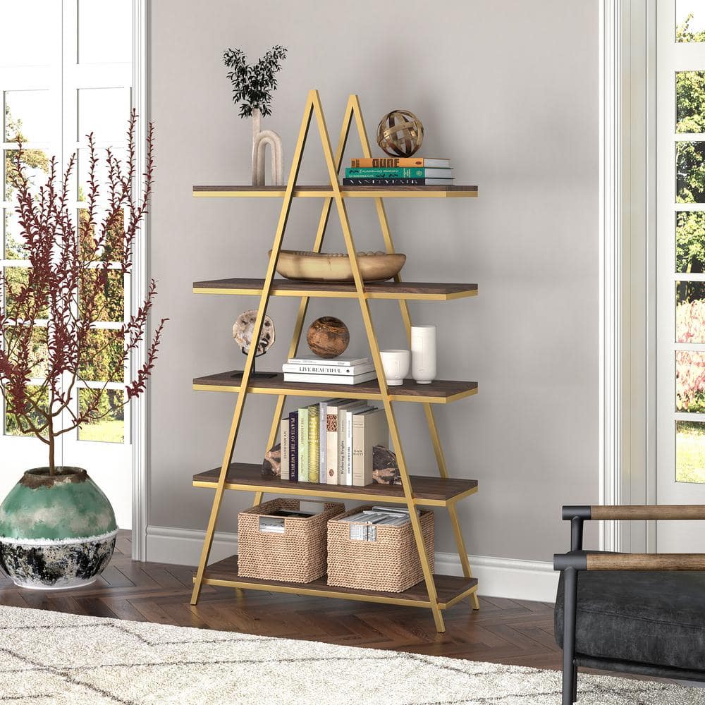 Aurum Ladder 68'' Gold and Walnut 5-Tier Bookshelf