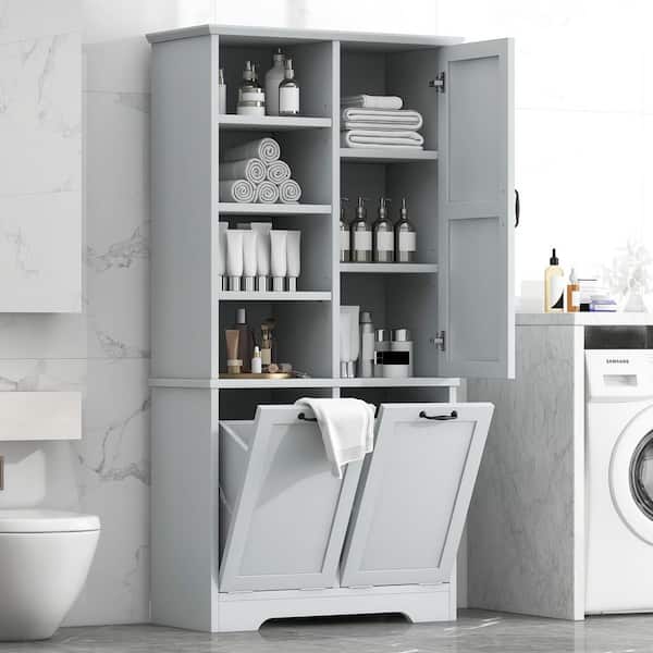 31 in. W x 14 in. D x 68 in. H Gray Freestanding Linen Cabinet with Doors and Drawers, Adjustable Shelf