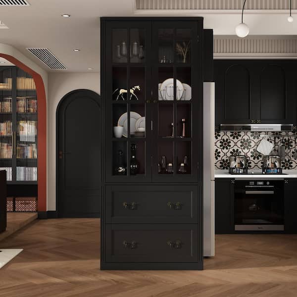 Black Wooden 31.5 in. W Buffet Pantry Cabinet Kitchen Cabinet with Adjustable Shelves and Tempered Glass Doors, Drawers