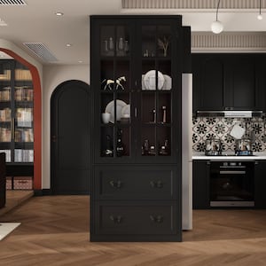 Black Wooden 31.5 in. W Buffet Pantry Cabinet Kitchen Cabinet with Adjustable Shelves and Tempered Glass Doors, Drawers