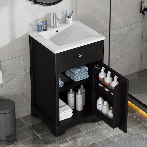 20 in. Single Sink Black Bath Vanity with White Ceramic Top Soft Closing Door, Storage Rack and Adjustable Shelve