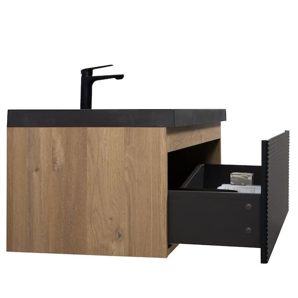 48 in. W x 20 in. D x 16 in. H Single Floating Bathroom Vanity with Black Quartz Sand Top in Natural Oak Assembled