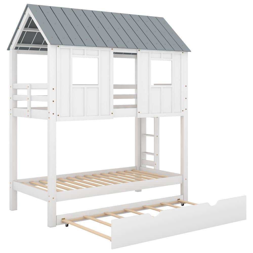 ANBAZAR White Twin Over Twin House Bunk Beds with Trundle, Roof, and ...