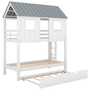 White Twin Over Twin House Bunk Beds with Trundle, Roof, and Windows, Fun Playhouse Bunked Frame