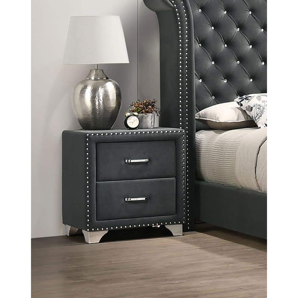 Gray Velvet 2-Drawer Nightstand with Chrome Legs