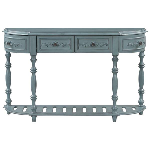 Angel Sar 52 in. Antique Blue Standard Half-Moon Wood Console Table with 4-Drawers and 1-Shelf