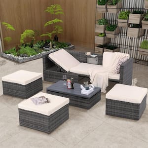 PE Wicker Outdoor Sectional Set Seasonal Furniture with Plywood Coffee Table, Lounger Sofa, Ottoman and Beige Cushion