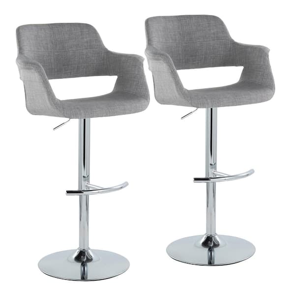 Lumisource Vintage Flair 47.5 in. Grey Fabric & Chrome Metal High Back Adjustable Bar Stool with Rounded T Footrest (Set of 2)