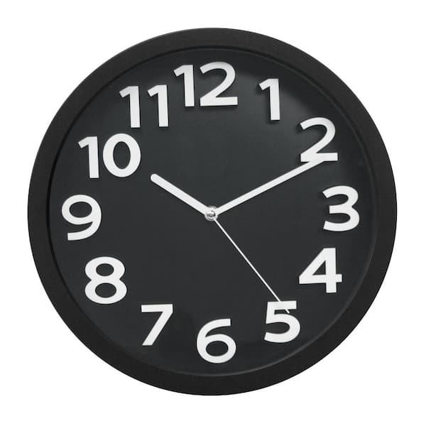 12'' Silent Sweep Battery-Powered Round Wall Clock (Black Plastic, Dial 06)
