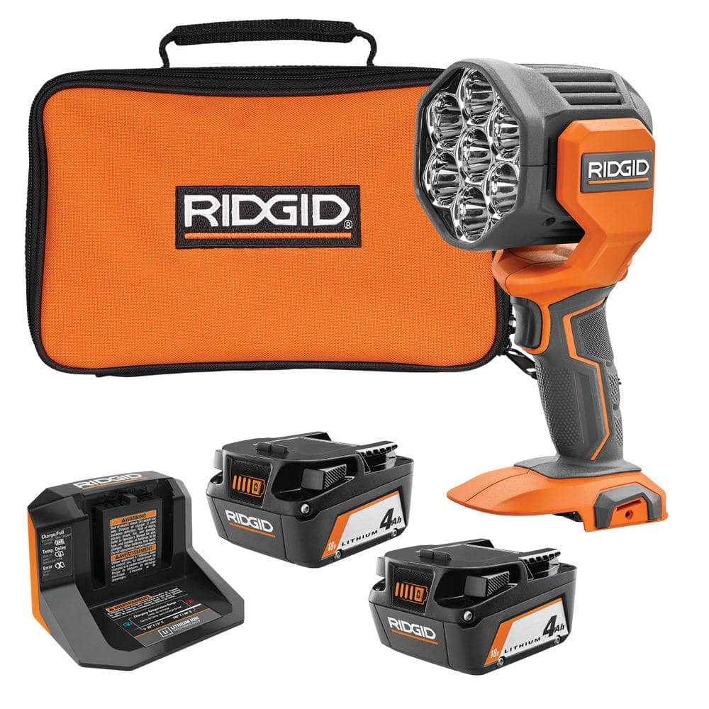 18V Cordless LED Spotlight with (2) 4.0 Ah Batteries, Charger, and Bag -  RIDGID, R869993044