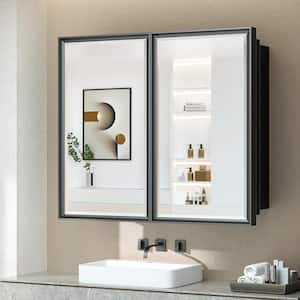 36 in. W x 32 in. H Rectangular Brass Aluminum Alloy Black Framed Recessed/Surface Mount Medicine Cabinet with Mirror