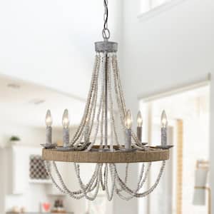 Farmhouse 6-Light Distressed White Wood Beaded Bohemia Chandelier with Adjustable Chain