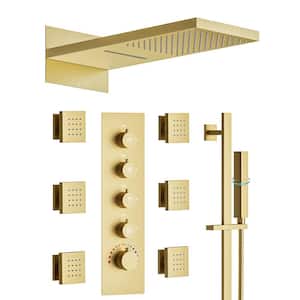 Thermostatic Valve 15-Spray 22 in. x 10 in. Dual Wall Mount Shower Head and Handheld Shower in Brushed Gold
