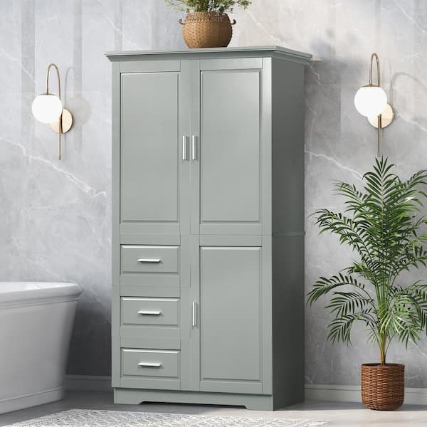 Unbranded 33 in. W x 20 in. D x 62 in. H Gray Linen Cabinet with Doors and 3-Drawers for Bathroom and Office