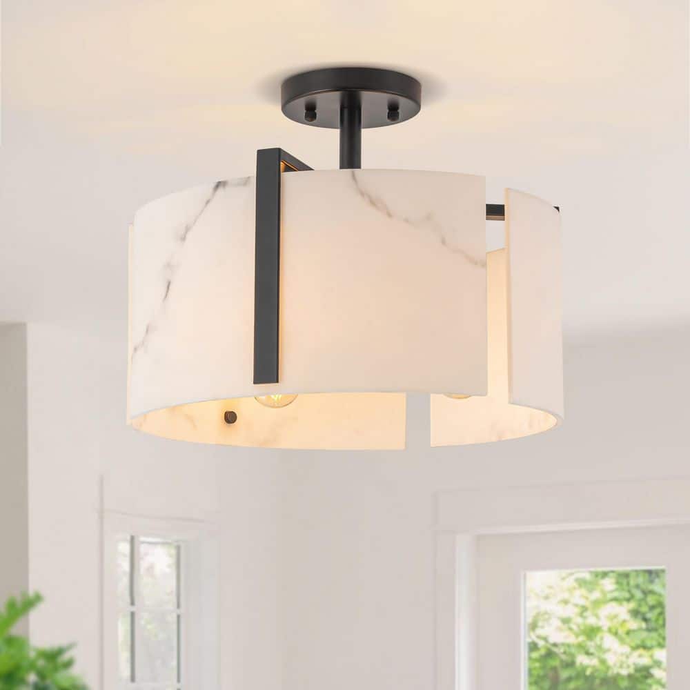 14.02 in. 3-Light Black Modern Elegant Drum Alabaster Resin Shade Semi-Flush Mount Ceiling Light price history on PriceWatchPro