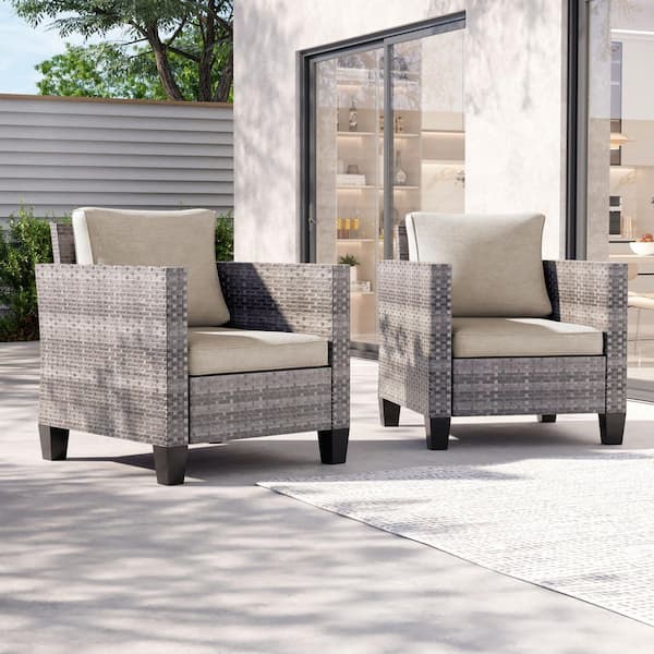 2-Piece Patio Sofa Gray Wicker Outdoor Single Sofa Set, Linen Flax Beige