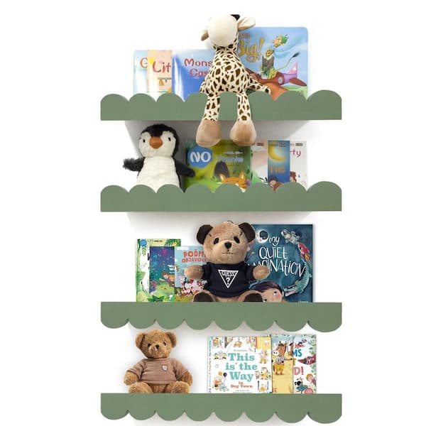 16 in. W x 4.8 in. D Sage Green Scalloped Nursery Wall Book Shelves, Decorative Wall Shelf Set of 4