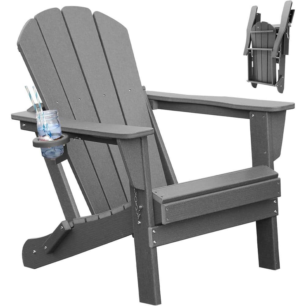 Grey HDPE Adirondack Chair Outdoor Folding Chair with Cup Holder for Lawn Patio Deck Fire Pit Set of 1 price history on PriceWatchPro