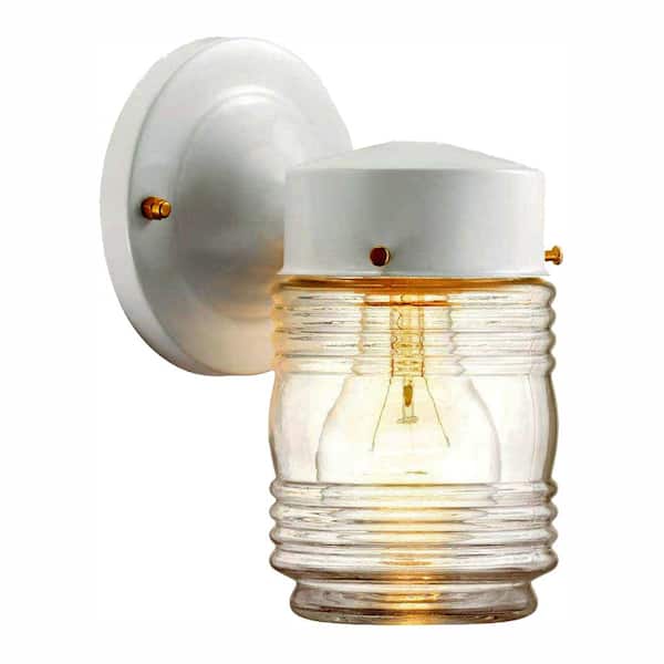 Hampton Bay 7.2 in. 1-Light Matte White Jelly Jar Outdoor Wall Lantern Sconce
