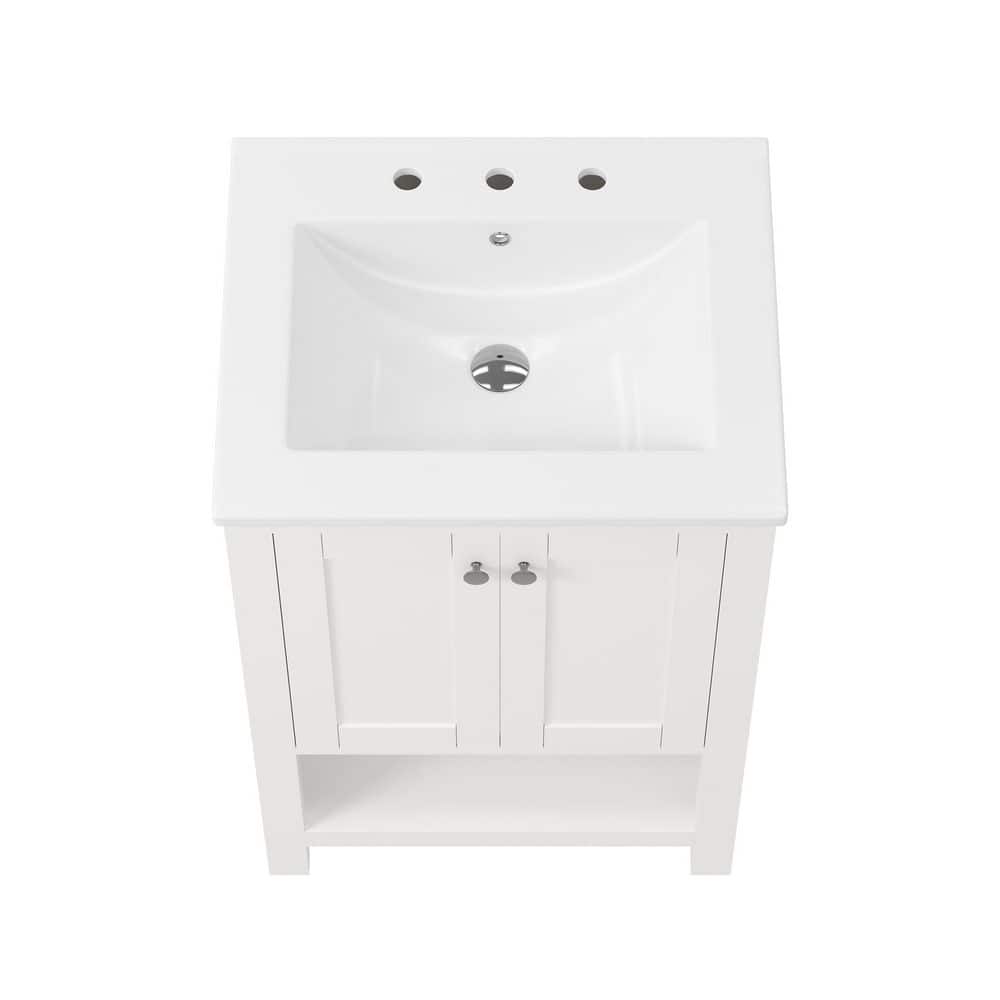 24" White Solid Wood Freestanding Bathroom Vanity with Ceramic Sink