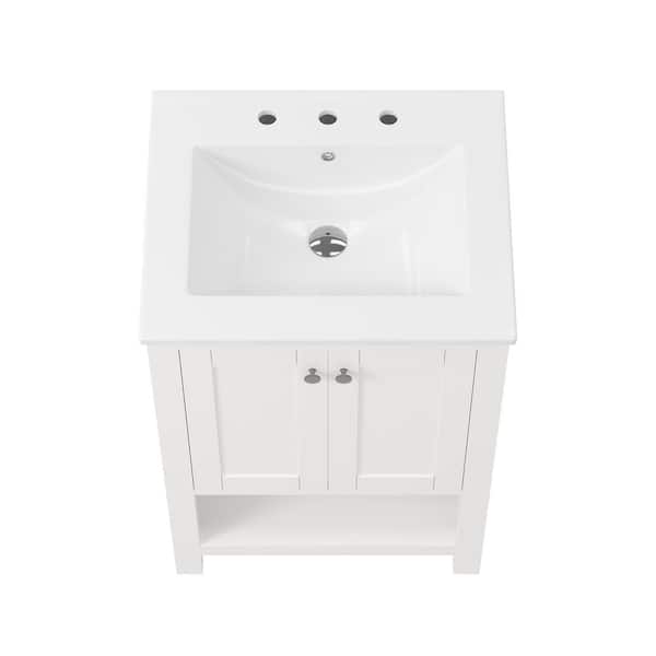 24 in. Single Sink Freestanding White Wood Bath Vanity with White Ceramic Top, Without Basket