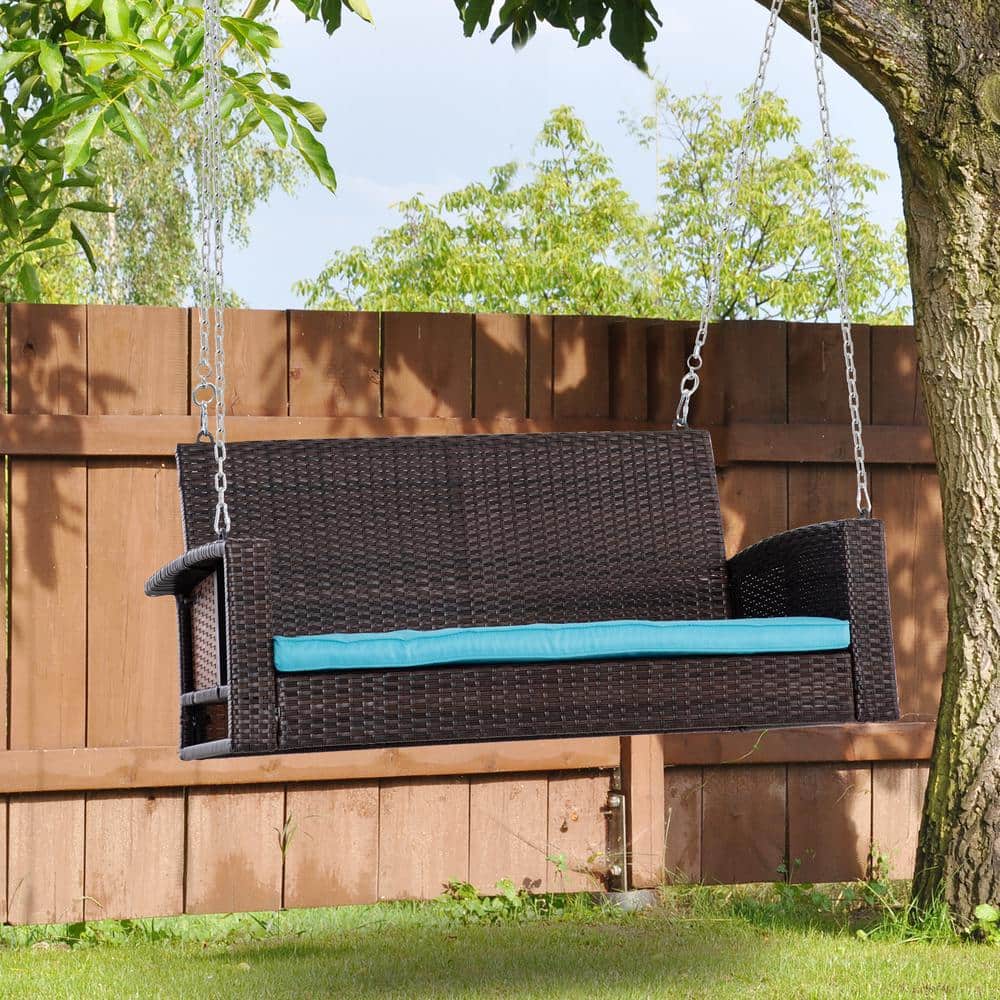 Sky Blue Cushioned 2-Person Wicker Hanging Porch Swing Bench