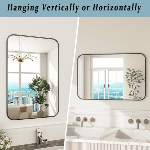 26 in. W x 38 in. H Rectangular Metal Framed Wall Bathroom Vanity Mirror Black