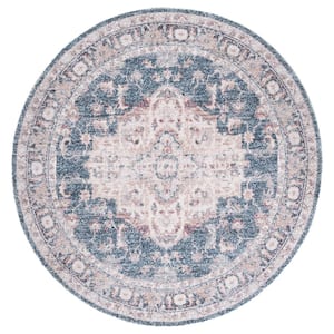 Classic Vintage Light Blue/Rust 6 ft. x 6 ft. Distressed Floral Round Area Rug