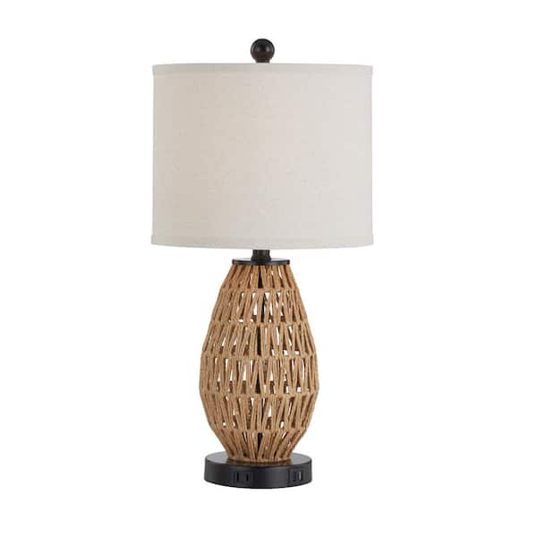 Cinkeda Adone 23 in. H Brown Touch Control Rattan Table Lamps with 2 USB Ports and AC Outlet