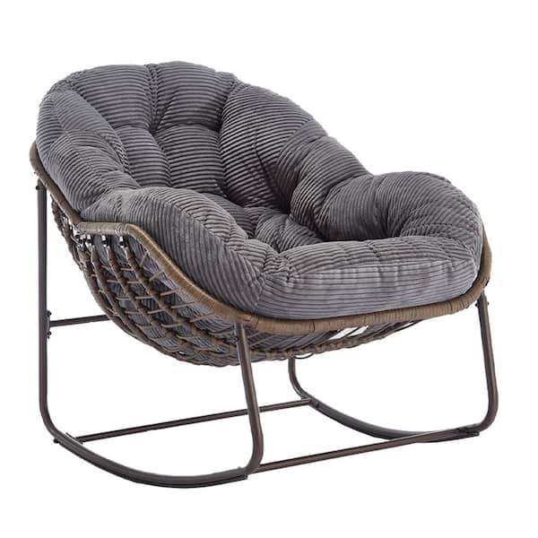 Deluxe Oversized Steel Rattan Wicker Padded Patio Outdoor Rocking Chair with Dark Grey Corduroy Cushion