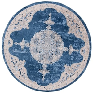 Brentwood Navy/Light Gray 7 ft. x 7 ft. Round Medallion Floral Distressed Area Rug