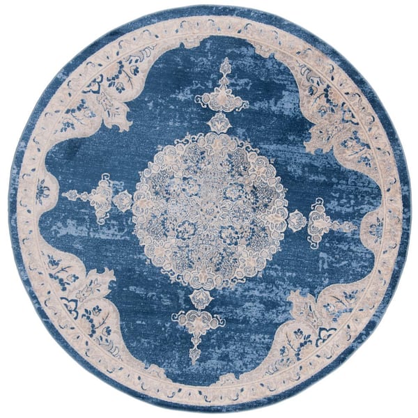 SAFAVIEH Brentwood Navy/Light Gray 9 ft. x 9 ft. Round Medallion Floral Distressed Area Rug