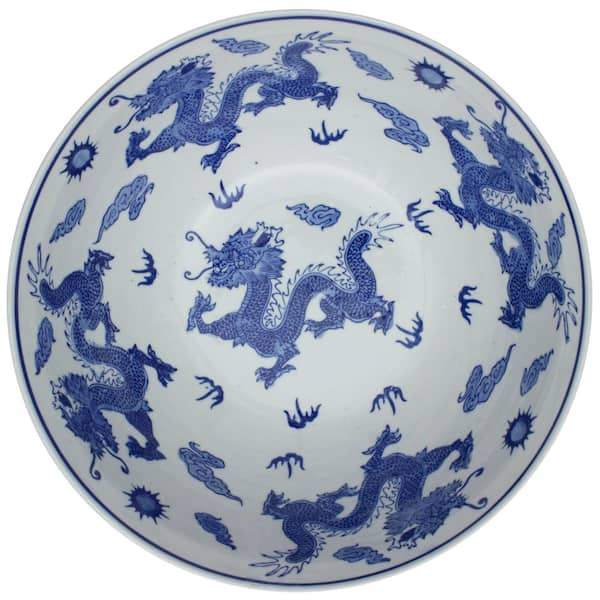 14 in. Oriental Furniture Dragon Blue and White Porcelain Bowl BW