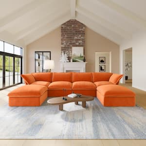 162.6 in. Orange Flared Arm 6-Piece Linen U-Shaped Down-Filled Free Combination Sectional Sofa with Ottoman