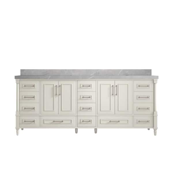 Willow Collections Hudson 84 in. Double Sink Freestanding Alabaster Bath Vanity with Pearl Gray Quartz Top Unassembled