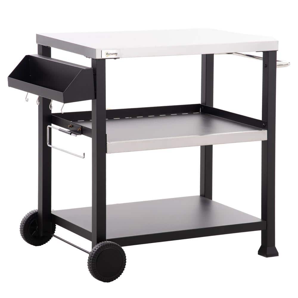Black 3-Shelf Movable Grill Cart with Stainless Steel Tabletop, Multifuncti