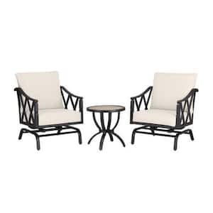 Harmony Hill 3-Piece Black Steel Outdoor Patio Motion Conversation Set with CushionGuard Almond Tan Cushions