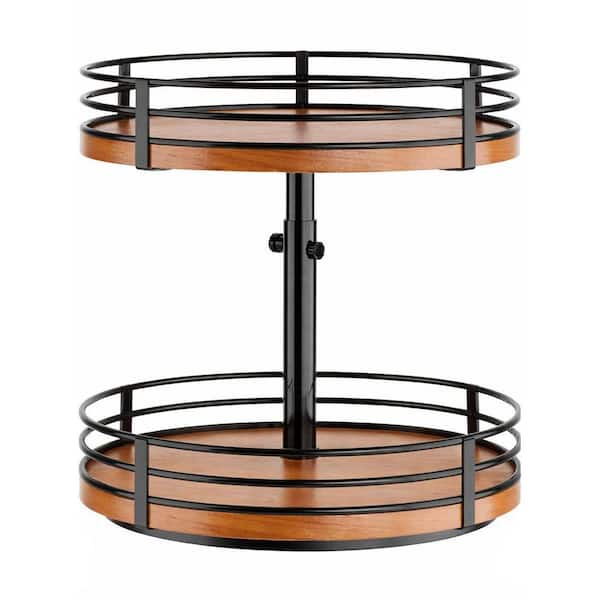 Adjustable Height Oak 2-Tier Rotating Organizer with 360° Turntable for Kitchen, Pantry and Bathroom