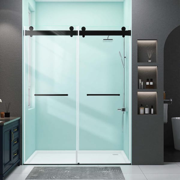 Zeafive 60 in.W x 79 in.H Double Sliding Shower Door Soft-Close Frameless Shower Doors in Matte Black 3/8 in.Tempered Glass