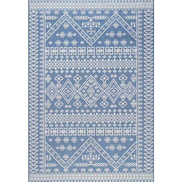 nuLOOM Kandace Tribal Blue 10 ft. x 14 ft. Indoor/Outdoor Patio Area Rug