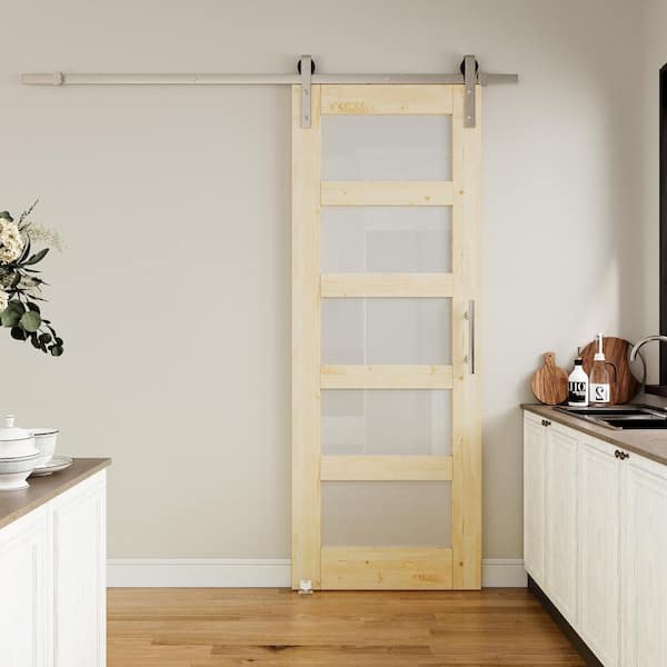 30 in. x 80 in. 5-Lite Frosted Glass Unfinished Glass No Assembly Required Sliding Barn Door with Hardware Kit