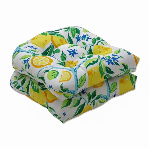 Pillow Perfect 19 in. x 19 in. Outdoor Dining Chair Cushion in Yellow/Blue/Green (Set of 2)